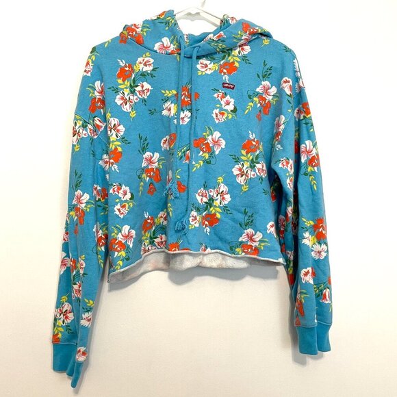 LEVI'S LEVIS Floral Raw Cut Hoodie Sweatshirt Blue Multi Hawaiian Cropped Crop - Picture 2 of 16